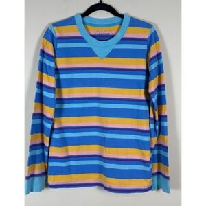 Mokuyobi Long Sleeve Striped Shirt Blue Yellow Pink XS Crew Neck V-Stitch Retro